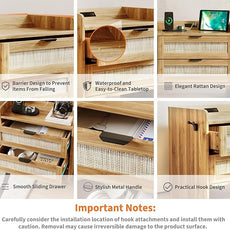 Rattan Nightstand, Bedside Table with Type-C Charging Station - 2 Storage Drawer Space, Boho End Table Side Table for Bedroom Office, Large Night Stand with Charging Port