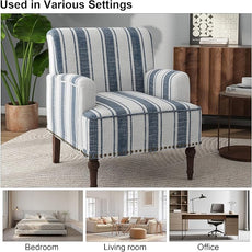 Accent Chair, Mid Century Modern Comfy Armchair for Living Room, Linen Fabric Single Sofa Lounge for Reading Bedroom Apartment Waiting Room with Wood Legs (Dark Blue Stripe, Set of 2)