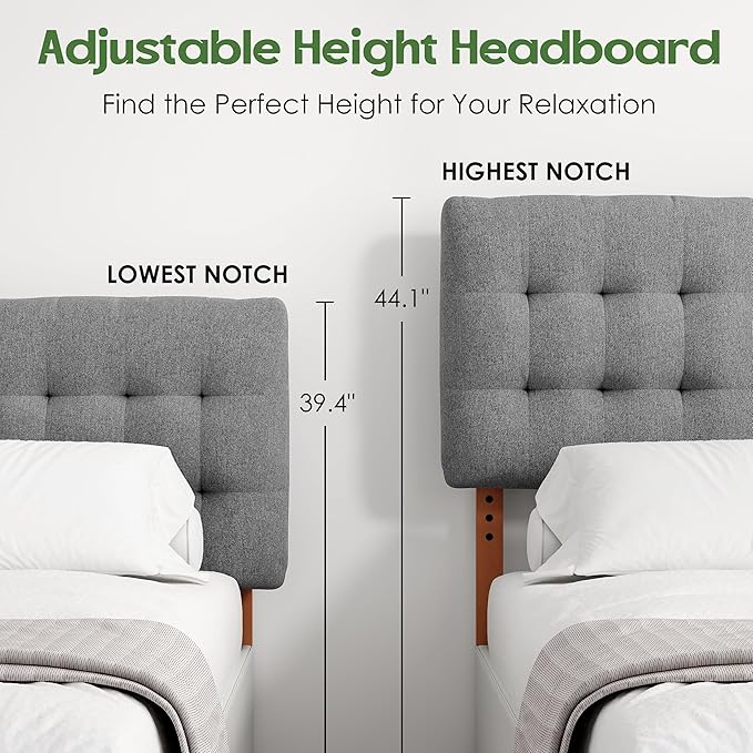 Tufted Upholstered Full Headboard, Adjustable Height Full Size Headboard Only from 39”to 44” with Durable Solid Wood Legs, Modern Button Diamond Fabric Head Board with Width Adapters, Grey
