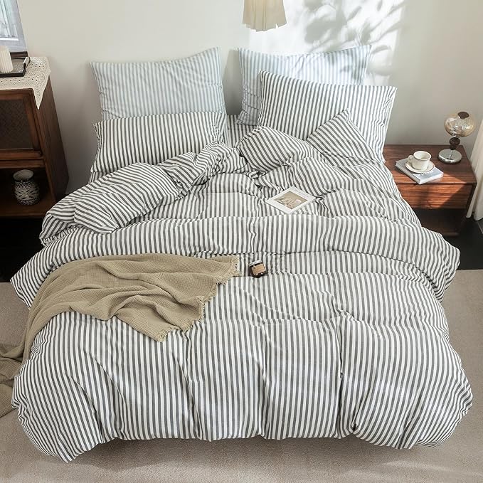 FOSSA Striped Duvet Cover Set 100% Washed Cotton Linen Feel Super Soft Breathable Cozy 3 Pieces Bedding Sets Dark Grey White Classic Stripes King