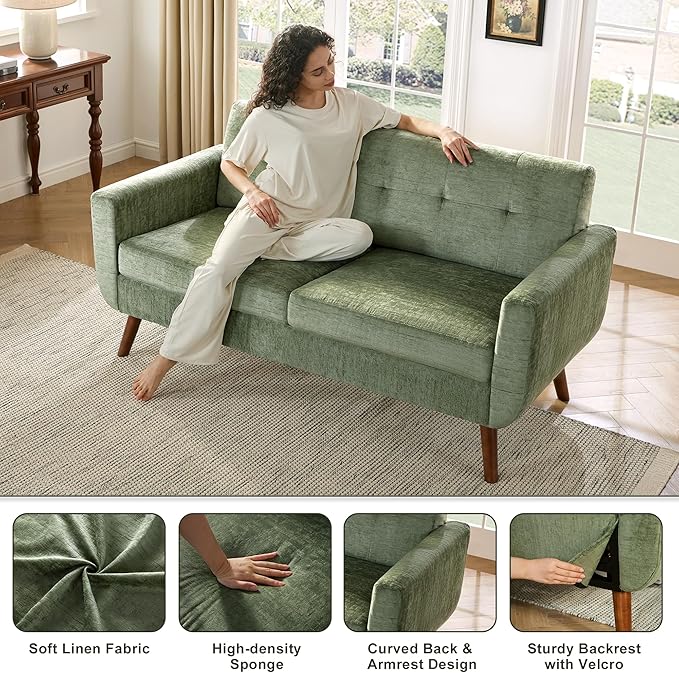 Tbfit 65" W Loveseat Sofa, Mid Century Modern Couches Love Seats for Living Room, Button Tufted Upholstered Small Couch for Bedroom, Solid and Easy to Install Love Seats Furniture, Green