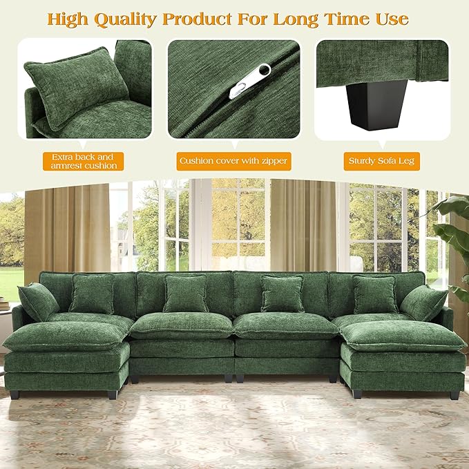 149.2" Modular Sectional Sofa,U Shaped Couch for Living Room,Modern Deep Seat Sofa 3 Seater Chenille Fabric Comfy Cloud Couches with Throw Pillows & Movable Ottoman