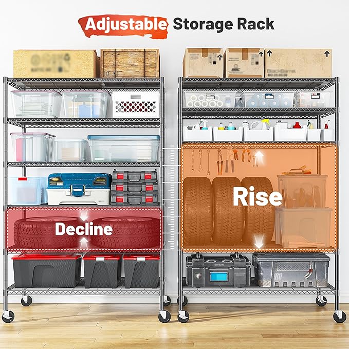 82" H X45 W X18 D Wire Shelving Unit, 6 Tier Adjustable Storage Shelves with Wheels 1200LBS Metal Shelving for Restaurant Garage Pantry Kitchen Closet Commercial,Black