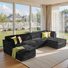 Large 6 Seat Modular Sectional Sofa with Ottoman Seat Corduroy Sleeper Sectional Sofa Bed Oversized Convertible Modular Couch for Living Room