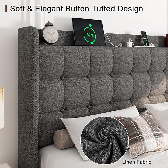 Queen Bed Frame, Upholstered Platform Bed with Charging Station, Modern Wingback Storage Headboard, Solid Wood Slats Support, No Box Spring Needed, Dark Gray
