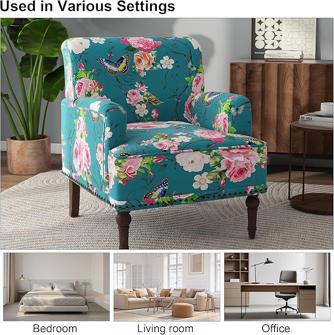 Accent Chair, Mid Century Modern Comfy Armchair for Living Room, Linen Fabric Single Sofa Lounge for Reading Bedroom Apartment Waiting Room with Wood Legs (Floral, Set of 1)
