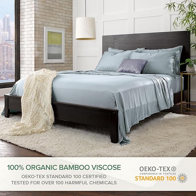 Pure Bamboo Split King Sheets, Genuine 100% Organic Viscose Derived from Bamboo Bed Sheet Set, Soft & Cooling, Double Stitching, 2 Fitted Sheets (Split King, Sterling Blue)