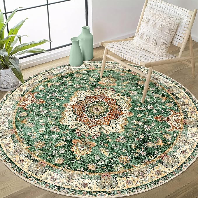 Green Round Rug 4ft,Circle Washable Area Rugs for Bedroom Bathroom Entryway Kitchen,Small Boho Vintage Bohemian Distressed Oriental Floral Carpet Non Slip,Retro Sage Floral