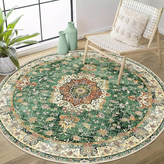 Green Round Rug 4ft,Circle Washable Area Rugs for Bedroom Bathroom Entryway Kitchen,Small Boho Vintage Bohemian Distressed Oriental Floral Carpet Non Slip,Retro Sage Floral