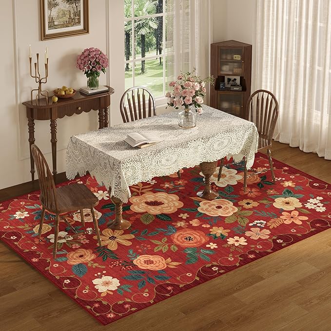 DUKINO 5x7 Area Rug, Floral Rugs for Living Room, Lightweight Non Slip Washable Rug, Indoor Low Pile & Non-Shedding Boho Design Rugs for Bedroom, Living Room, Dining Room, Red