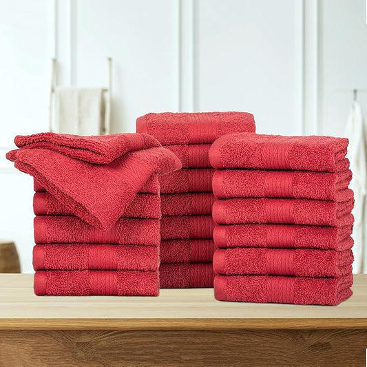 Ample Decor Wash Cloths Pack of 20 600 GSM 100% Cotton Soft Absorbent, Premium Quality Durable, Ideal for Bathroom, Pool, Hotel, Spa - Red
