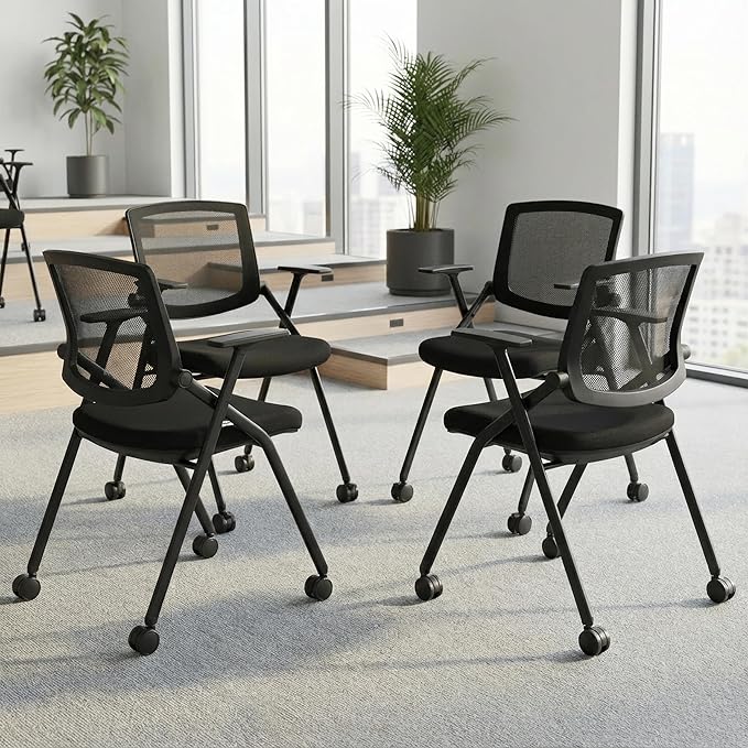 4 Pack Stackable Conference Room Chairs with Wheels and Paddle, Ergonomic Mesh Back and Arms for Meeting, Conference, Reception, Training Room & Home Office Desk Folding Chairs (2 Boxes)