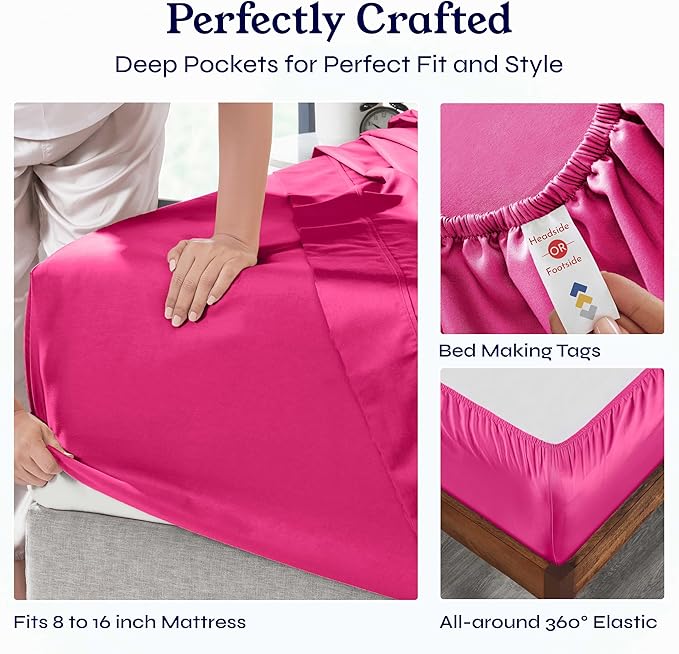 California Design Den Queen Bed Sheets Set - 400 Thread Count Sateen, Natural 100% Cotton Queen Size Sheet Set, Deep Pockets with All Around Elastic, Soft, Durable Bedding - Hot Pink CaliforniaDesignDen