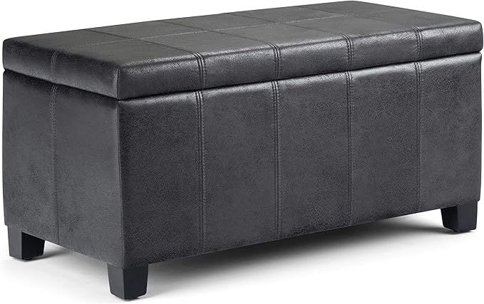 SIMPLIHOME Dover 36 inch Wide Contemporary Rectangle Storage Ottoman Bench in Distressed Black Vegan Faux Leather, Assembled, For the Living Room, Entryway and Family Room