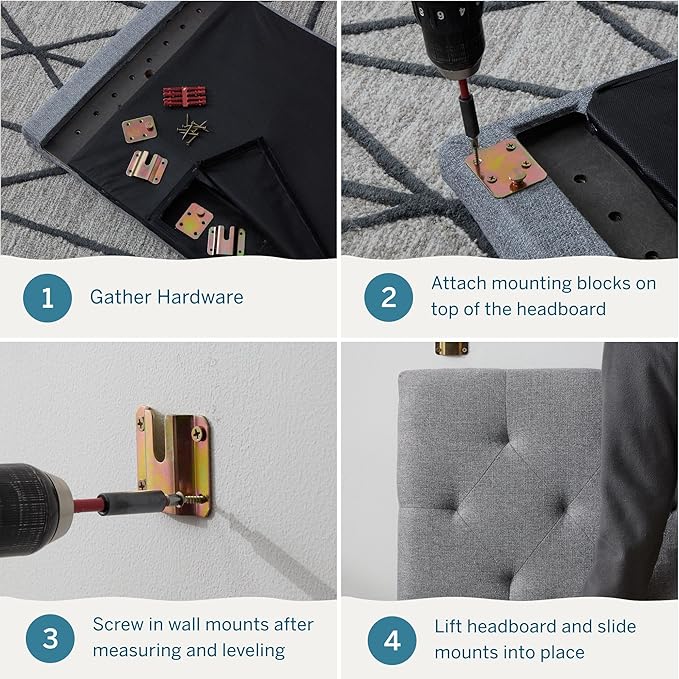 Lucid Mid-Rise Upholstered Headboard - Diamond Tufted - Padded Polyester - Adjustable Height from 34” to 46” - Easy Assembly - Bed Frame or Wall Mount - Sturdy - Stone - Queen Size