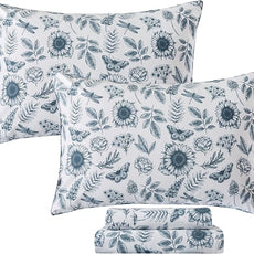 FADFAY Butterfly Sheets Set Twin XL Blue and White Sunflower College Bedding Rustic Rose Botanical Dorm Sheets Vintage Leaves Bedding 100% Cotton Sets with Deep Pocket Fitted Sheet 4Pcs, Twin XL Size