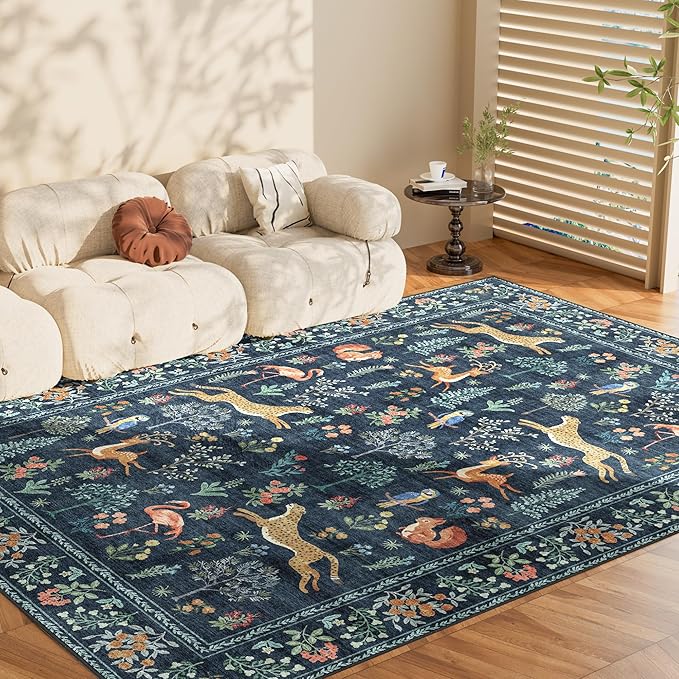 DUKINO 9x12 Rug, Washable Animal Living Room Rug with Non Slip Vintage Design, Soft Low Pile Large Carpet for Bedroom, Nursery, Dining Room, Farmhouse, Playroom, Navy Blue