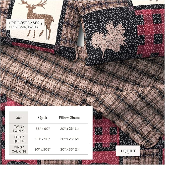 Great Bay Home Lodge Bedspread Twin/Twin XL Size Quilt with 1 Sham. Cabin 2-Piece Reversible All Season Quilt Set. Rustic Quilt Coverlet Bed Set. Stonehurst Collection. (Red/Black)