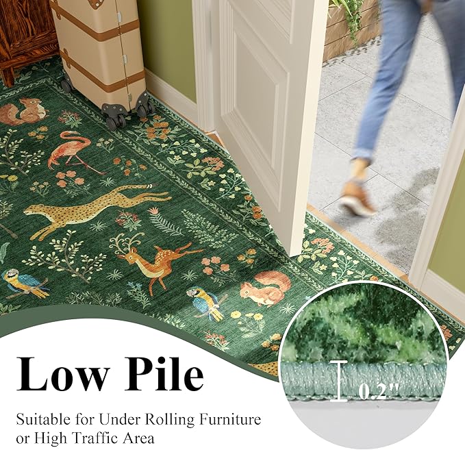 DUKINO 2x6 Rug for Hallway, Washable Kitchen Runner Rug with Non Slip Backing, Soft Low Pile Vintage Animal Runner for Bedroom, Kitchen, Hallway, Entryway, Laundry, Green