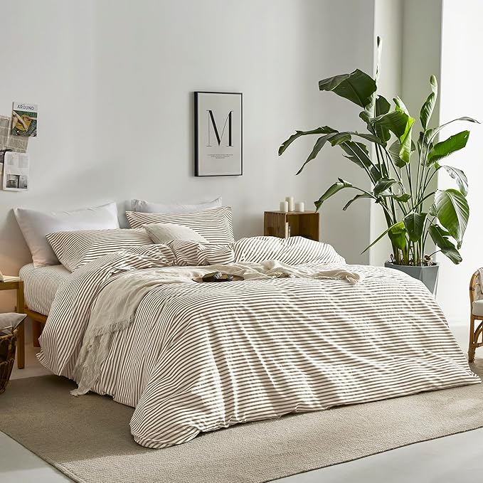 JELLYMONI 100% Natural Cotton 3pcs Striped Duvet Cover Sets,White Duvet Cover with Khaki Stripes Pattern Printed Comforter Cover,with Zipper Closure & Corner Ties(Full Size)