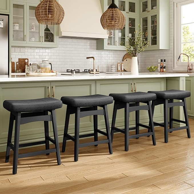 MAISON ARTS Black Counter Height Bar Stools Set of 2 for Kitchen Counter Solid Wood Legs with Faux Leather Saddle Seat Farmhouse Barstools for 34"-38" Counter Island Upholstered Stools, 24in Height