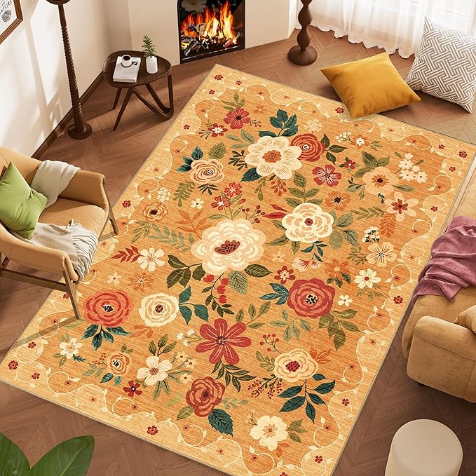 DUKINO 9x12 Area Rug, Floral Rugs for Living Room, Lightweight Non Slip Washable Rug, Indoor Low Pile & Non-Shedding Boho Design Rugs for Bedroom, Living Room, Dining Room, Orange