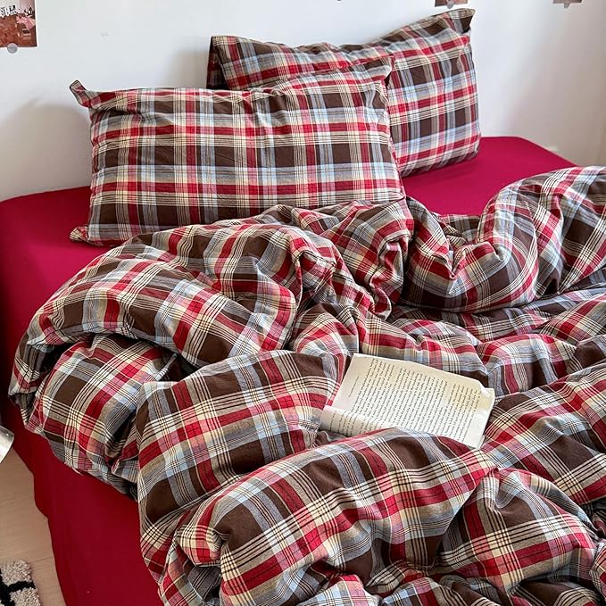 VM VOUGEMARKET Buffalo Gingham Duvet Cover Set Queen,3 Pieces Washed Cotton Bedding Set,Breathable Luxury Plaid Duvet Cover with Zipper Closure for Christmas (Red&Brown)