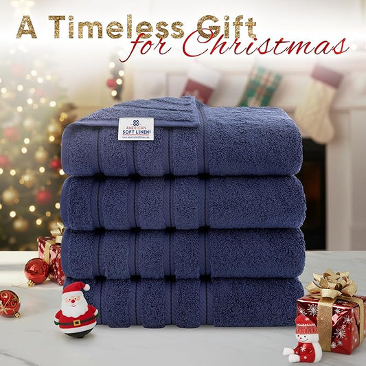 American Soft Linen Luxury 4 Piece Bath Towel Set, 600 GSM 100% Cotton Turkish Bath Towels for Bathroom, 27x54 in Extra Large Bathroom Shower Towels, Navy Blue