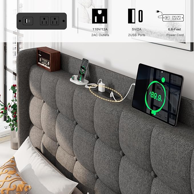 Full Size Bed Frame, Upholstered Platform Bed Frame with Charging Station, Modern Wingback Storage Headboard, Solid Wood Slats Support, No Box Spring Needed, Dark Grey