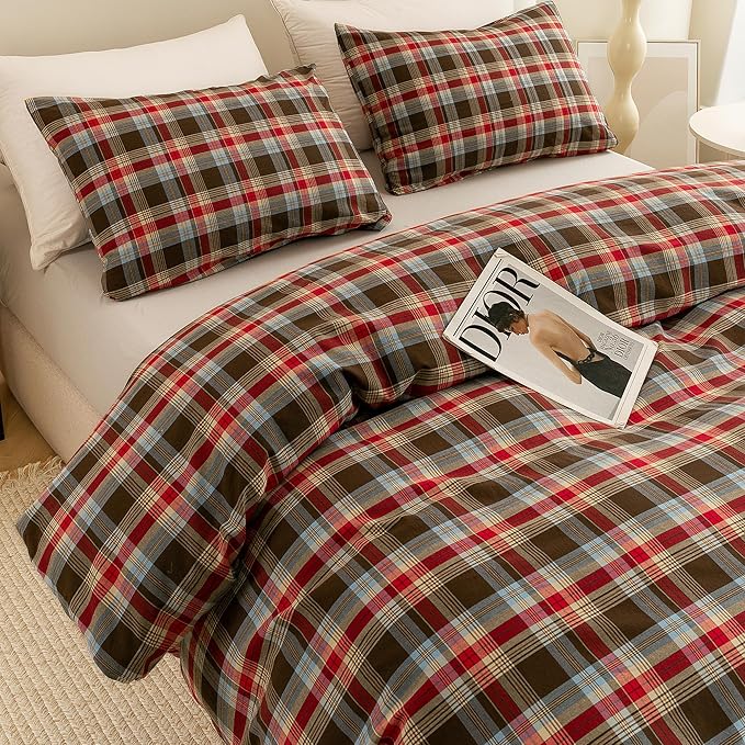 ECOCOTT Buffalo Plaid Duvet Cover Queen Size– 3 Piece Washed Cotton Bedding Set with Classic Checkered Pattern, Red & Brown Duvet Cover with Pillowcases for All Seasons