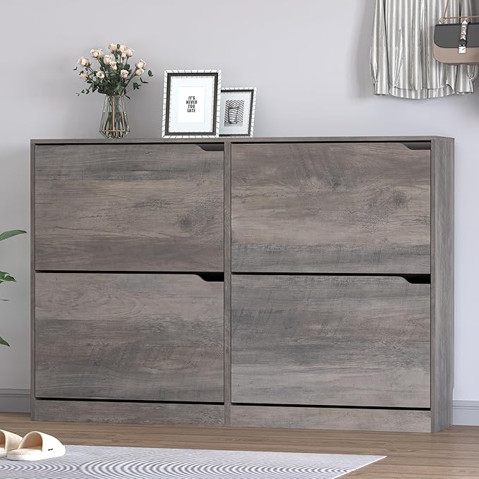 Shoe Cabinet with 4 Flip Drawers, Narrow Hidden Shoe Storage Cabinet, Slim Freestanding Shoe Rack Organizer for Entryway, Hallway, Bedroom, Living Room