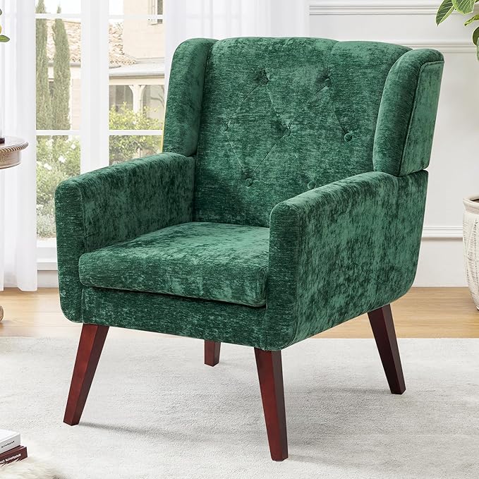 Accent Chair Button-Tufted Upholstered Living Room Chairs Comfy Reading Chair Mid Century Modern Chair with Linen Fabric Lounge Arm Chairs for Living Room Bedroom（Green Set of 2）