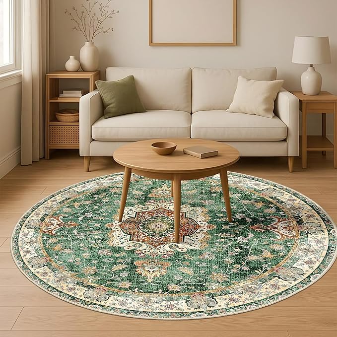 Green Round Rug 6ft,Large Circle Area Rugs for Living Room Bedroom Dining Room,Washable Boho Vintage Bohemian Distressed Oriental Floral Carpet Non Slip,Retro Sage Floral