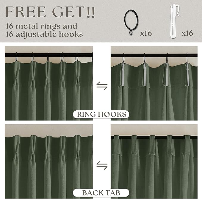 Olive Green Linen Pinch Pleated Curtains 84 Inches Long 2 Panels for Living Room Bedroom Linen Pleated Hooks Rings Back Tab Light Filtering Loden Moss Green Farmhouse Drapes 84 Inch Length