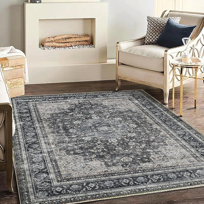 Washable Area Rug 4'x6' Traditional Floor Cover Foldable Thin Rugs Retro Kitchen Indoor Distressed Non Slip Carpet Floral Print Mat Bedroom Living Room