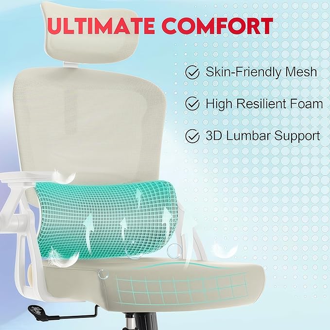 Ergonomic Office Chair - 400LB Comfy Desk Chairs with Adjustable Headrest and Lumbar Back Support, Mesh Computer Chairs with Wheels and Arms for Home Office, Study (218khaki-With Headrest)