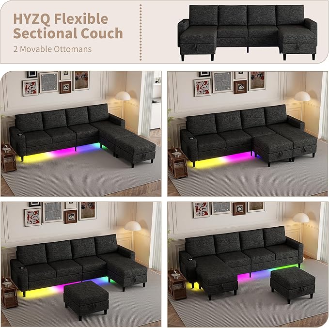 Sectional Couches for Living Room, 4 Seat Sectional Sofa with Smart Module-Wireless Charging/USB/Type-C/RGB Light, U Shaped Couch with Reversible Chaise Lounge/Storage Ottoman (Charcoal Grey)