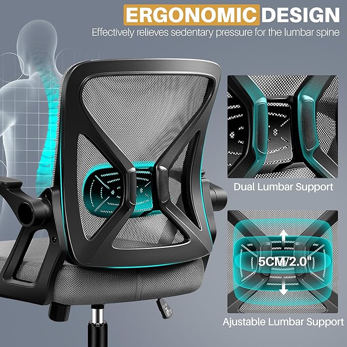 FelixKing Office Chair - Ergonomic Desk Chair Breathable Mesh Task with Wheels and Lumbar Support Home Desk Office Chairs with Flip up Armrest Rolling Swivel for Home Computer Dark Gray