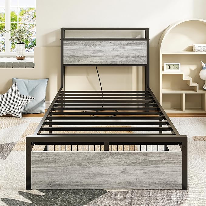 LIKIMIO Twin XL Bed Frames with Drawer, Storage Headboard with Outlets, No Box Spring Needed, Easy Assembly, Industrial Gray