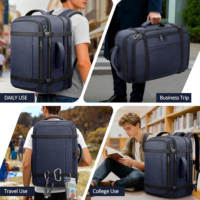 Travel Backpack,Expandable 40-50L Carry On Laptop Backpack with USB Cable Port Fits 17.3 Inch Laptop, Water Resistant Outdoor Travel Daypack for Men Women College Trips Weekend Adventures, Blue