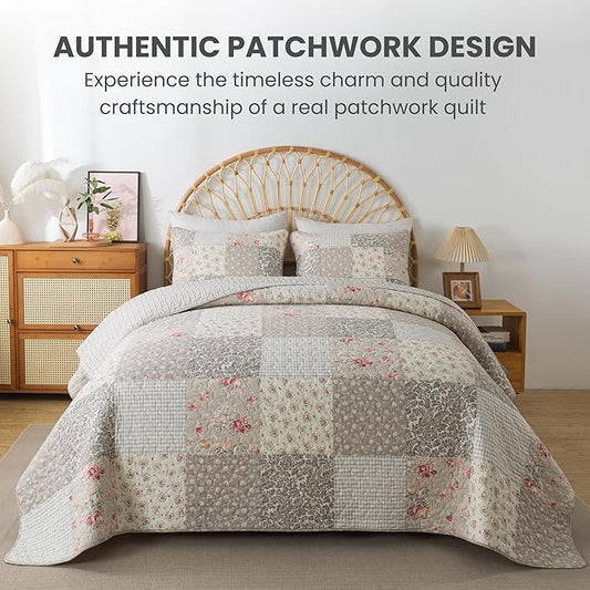 SLPR Walk in The Cotswolds Patchwork Cotton Pieced Quilt Set - Twin Size with 1 Sham, Neutral Floral & Cream Cottage Quilted Bedspread, French Country Farmhouse Bedding for All Seasons