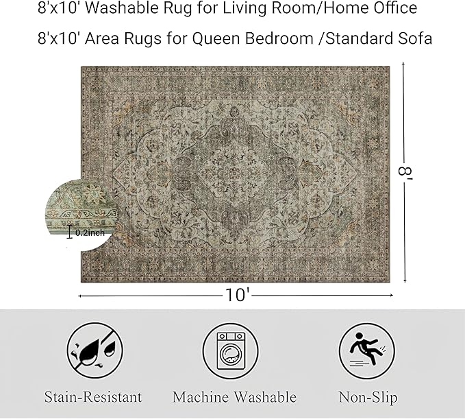 RCTJHOME 8'x10' Washable Area Rugs for Standard Sofa Living Room/Queen Bedroom, Ultra Soft Non-Slip Accent Large Carpet, Dining Room, Home Office, Low Pile Vintage Rug Distress Floral Forest Green