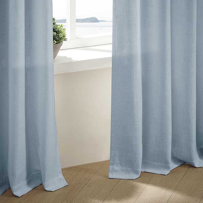 Dusty Blue Pinch Pleated Linen Curtains 84 Inches Long 2 Panels Set for Living Room Dining Pinch Pleat Back Tab Light Filtering Boho Coastal Window Curtain Drapes 84 Inch Length Light Sky Blue