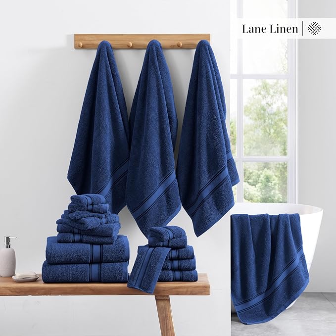 LANE LINEN Luxury Bath Towels Set - 6 Piece Set, 100% Cotton Bathroom Towel, Zero Twist, Quick Dry Shower Towels, Extra Soft Absorbent Towel, 2 Bath Towels, 2 Hand Towels, 2 Wash Cloths - Navy