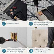 Lucid Mid-Rise Upholstered Headboard - Diamond Tufted - Padded Polyester - Adjustable Height from 34” to 46” - Easy Assembly - Bed Frame or Wall Mount - Sturdy - Pearl - Full / Full XL Size