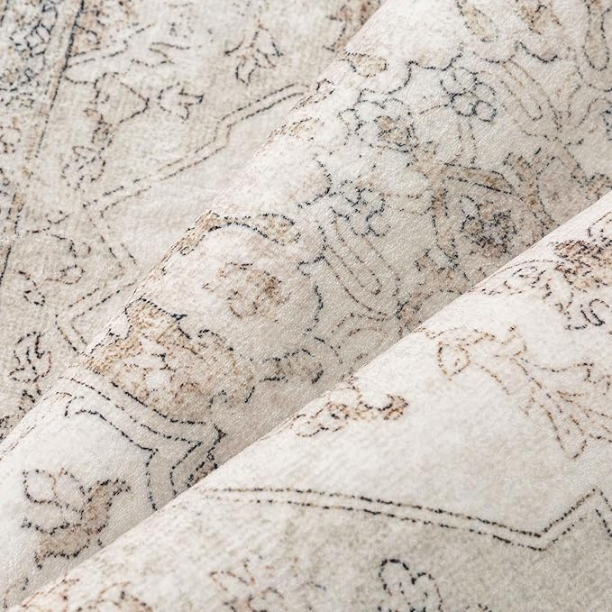 Beige Area Rug 6x9 Washable Vintage Carpet for Living Room Bedroom Large Soft Retro Low Pile Thin Indoor Rug Non Slip Oriental Medallion Floor Cover for Dining Room Office