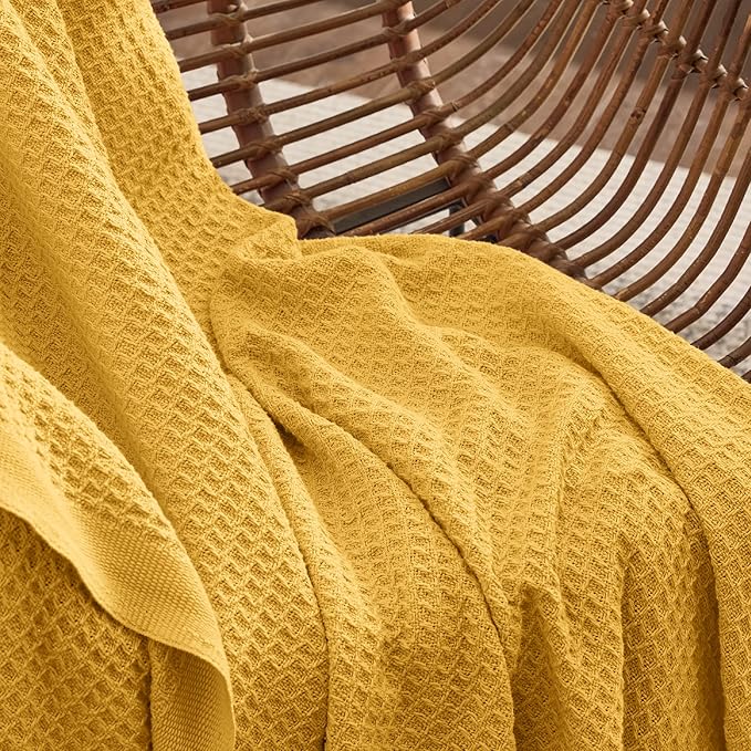 Bedsure Gentlesoft 100% Cotton Blanket King Size for Bed - Breathable and Soft, Thick Cozy Waffle Weave Christmas Blanket Gift for Women, Mustard Yellow, 104x90 inches