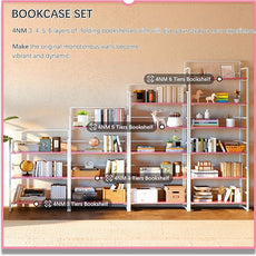 4NM No Assembly 5 Tiers Folding Bookshelf Storage Shelves Vintage Bookcase Standing Racks Study Organizer Home Office (Pink White)