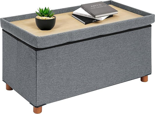 B FSOBEIIALEO Storage Ottoman with Tray, Foot Stools and Ottomans with Legs, Storage Cube Seat Linen Grey 30"