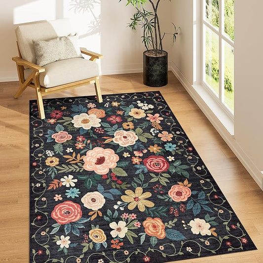DUKINO 3x5 Area Rug, Floral Rugs for Living Room, Lightweight Non Slip Washable Rug, Indoor Low Pile & Non-Shedding Boho Design Rugs for Bedroom, Living Room, Dining Room, Black